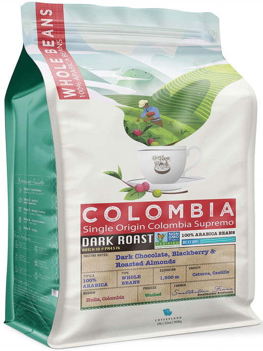 32 Ounce (2 LB) Non-Gmo Single Origin Colombia Dark Roast Whole Bean Coffee, Notes - Dark Chocolate Toffee Blackberry, CoffeaFarms by Coffeeland