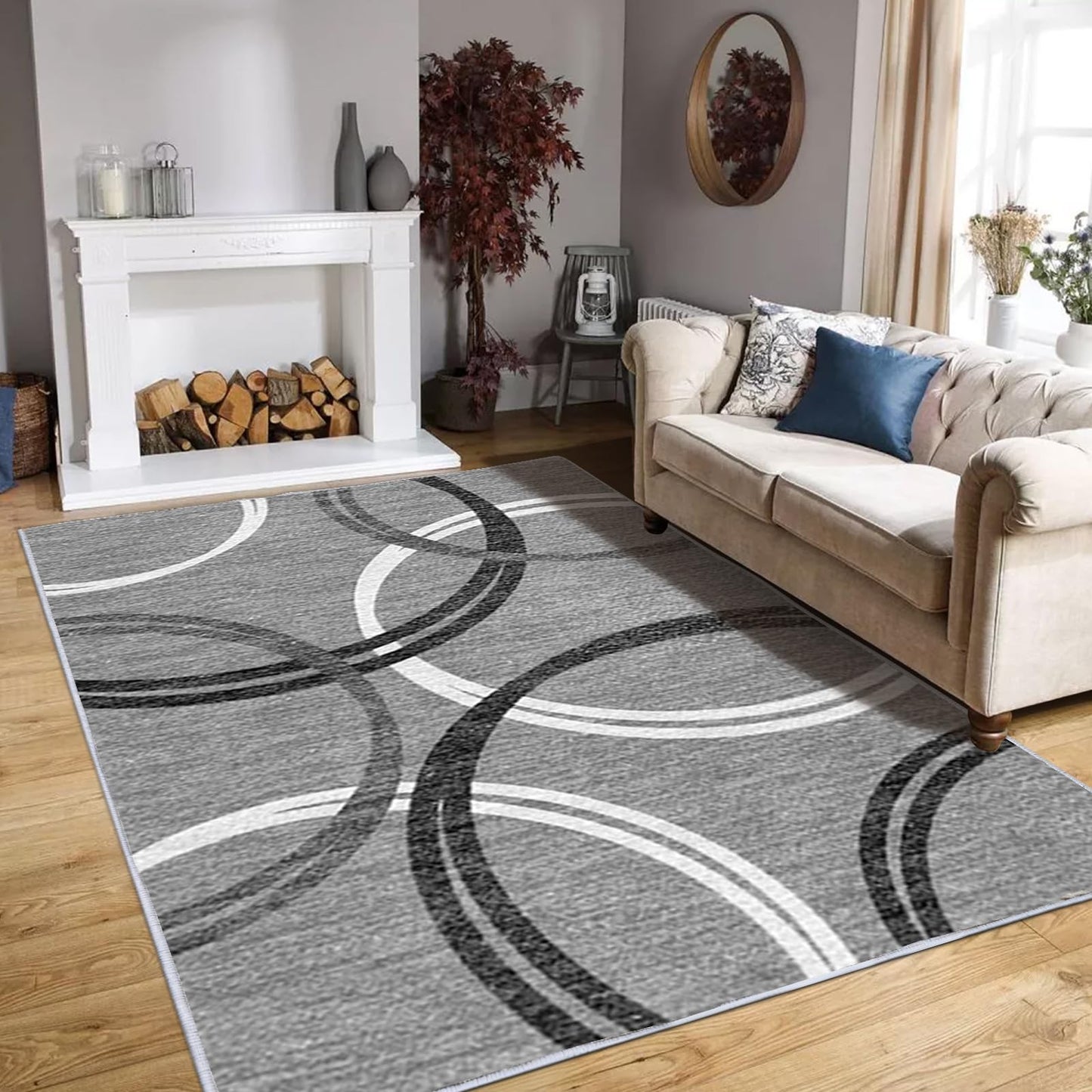 YUFANUHO Modern Grey Area Rugs for Living Room, 6x9 Feet Large Faux Wool Carpet with Abstract Circles Line Design for Bedroom, Machine Washable Non-Slip Wool Rugs 6'x9', Grey/Black/White