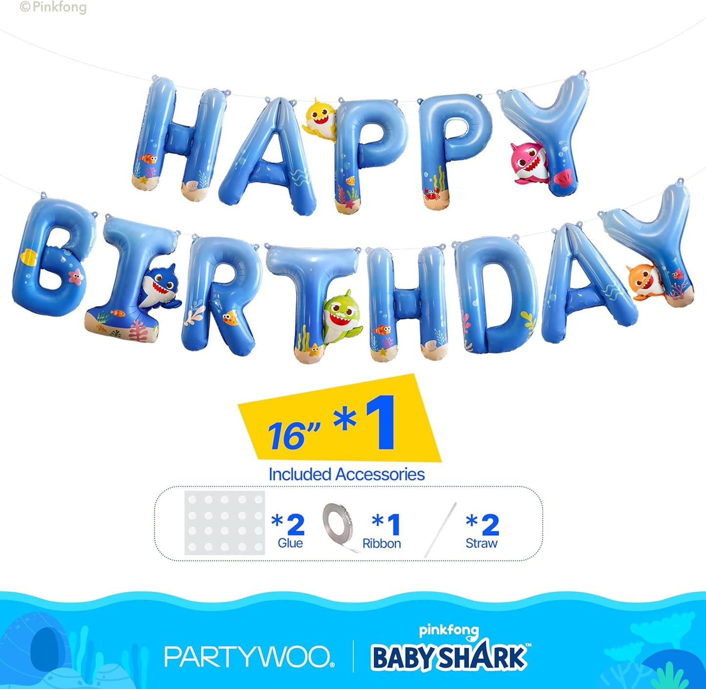 PartyWoo Baby Shark Blue Happy Birthday Banner - 16 Inch Mylar Foil Letter Balloons for Kids