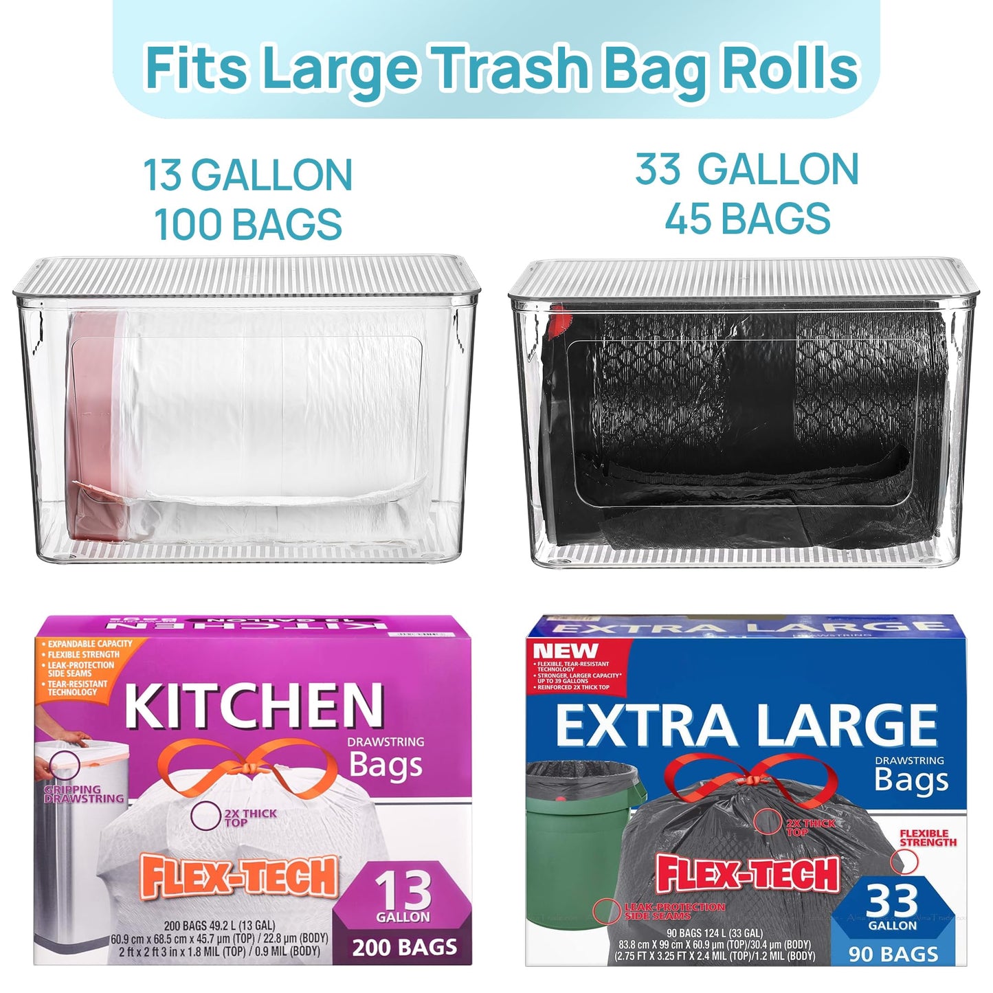 Vtopmart 1 Pack Trash Bag Holder, Stackable Garbage Bag Dispenser for 13/30/33 Gallon Bags, Onion and Potato Storage Bins for Kitchen, Clear Organizer Bins for Under Sink, Laundry Room
