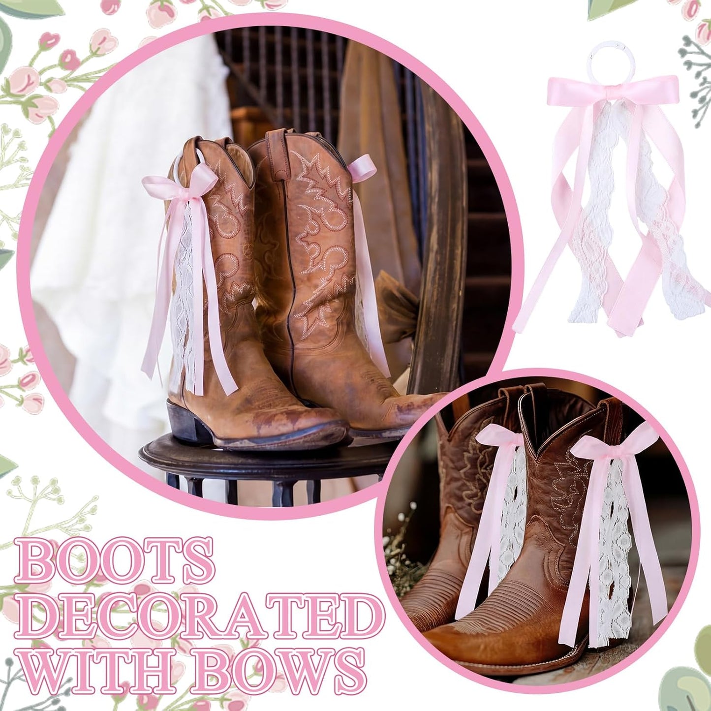 Skiennix Pink Ribbon Boot Bows - 4 Pcs Removable Lace Clips for Cowgirl Boots | Wedding & Bridal Shower Decor