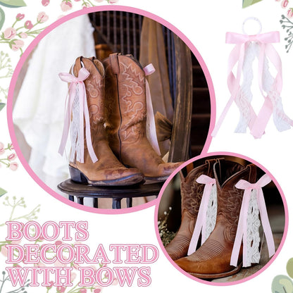 Skiennix Pink Ribbon Boot Bows - 4 Pcs Removable Lace Clips for Cowgirl Boots | Wedding & Bridal Shower Decor