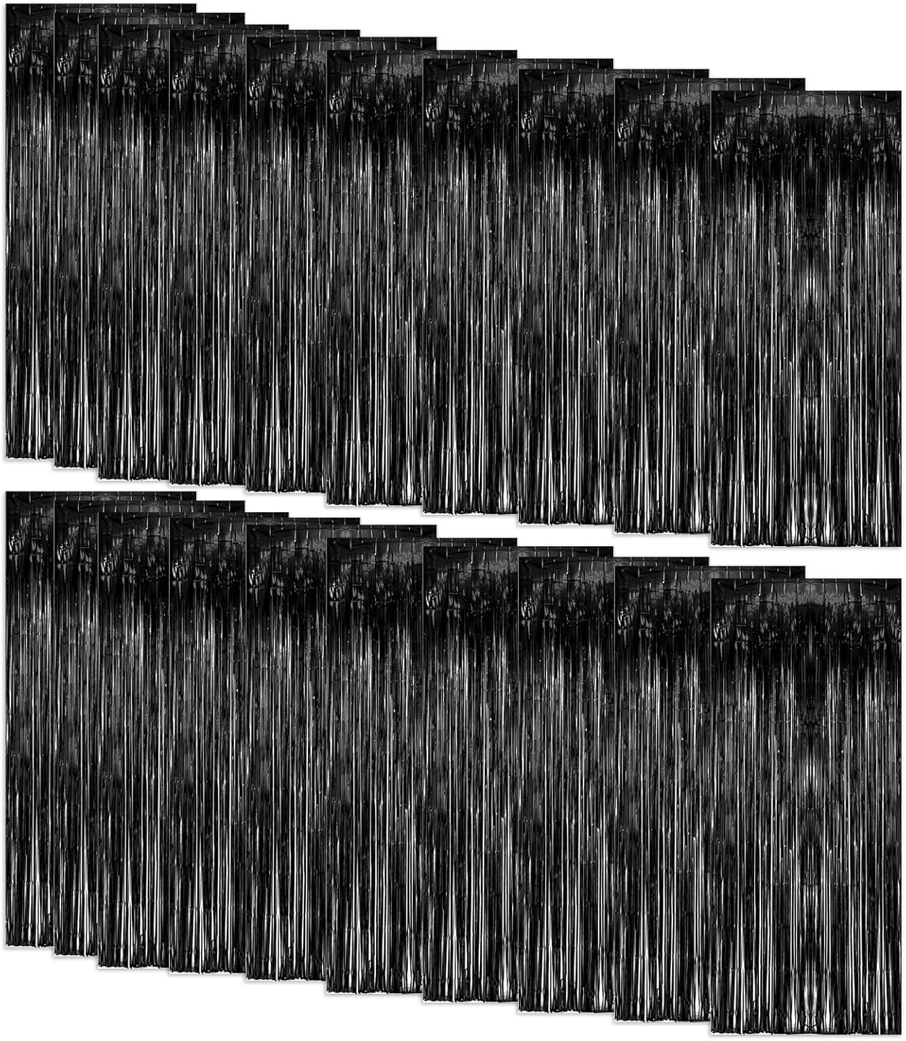 Skiennix 20 Pack Foil Curtain Backdrop - Black Metallic Tinsel Fringe for Parties & Events