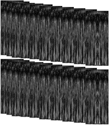 Skiennix 20 Pack Foil Curtain Backdrop - Black Metallic Tinsel Fringe for Parties & Events