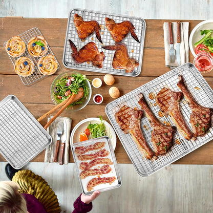P&P CHEF Baking Sheet Set - 8-Piece Stainless Steel Cookie Trays with Cooling Racks | Oven & Dishwasher Safe, 16-12.5-10.4-9 Inch Sizes