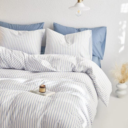 Wake In Cloud - Striped Cotton Duvet Cover Set, Ticking Stripe Vertical Pinstripe Farmhouse, 100% Washed Cotton Textured Bedding Set, 3 Pieces, Blue White, Queen Size