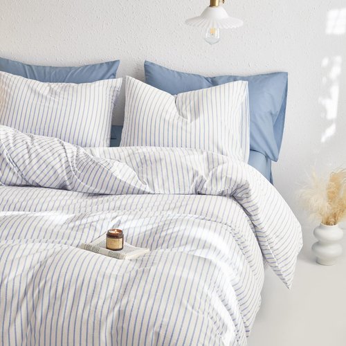 Wake In Cloud - Striped Cotton Duvet Cover Set, Ticking Stripe Vertical Pinstripe Farmhouse, 100% Washed Cotton Textured Bedding Set, 3 Pieces, Blue White, Queen Size