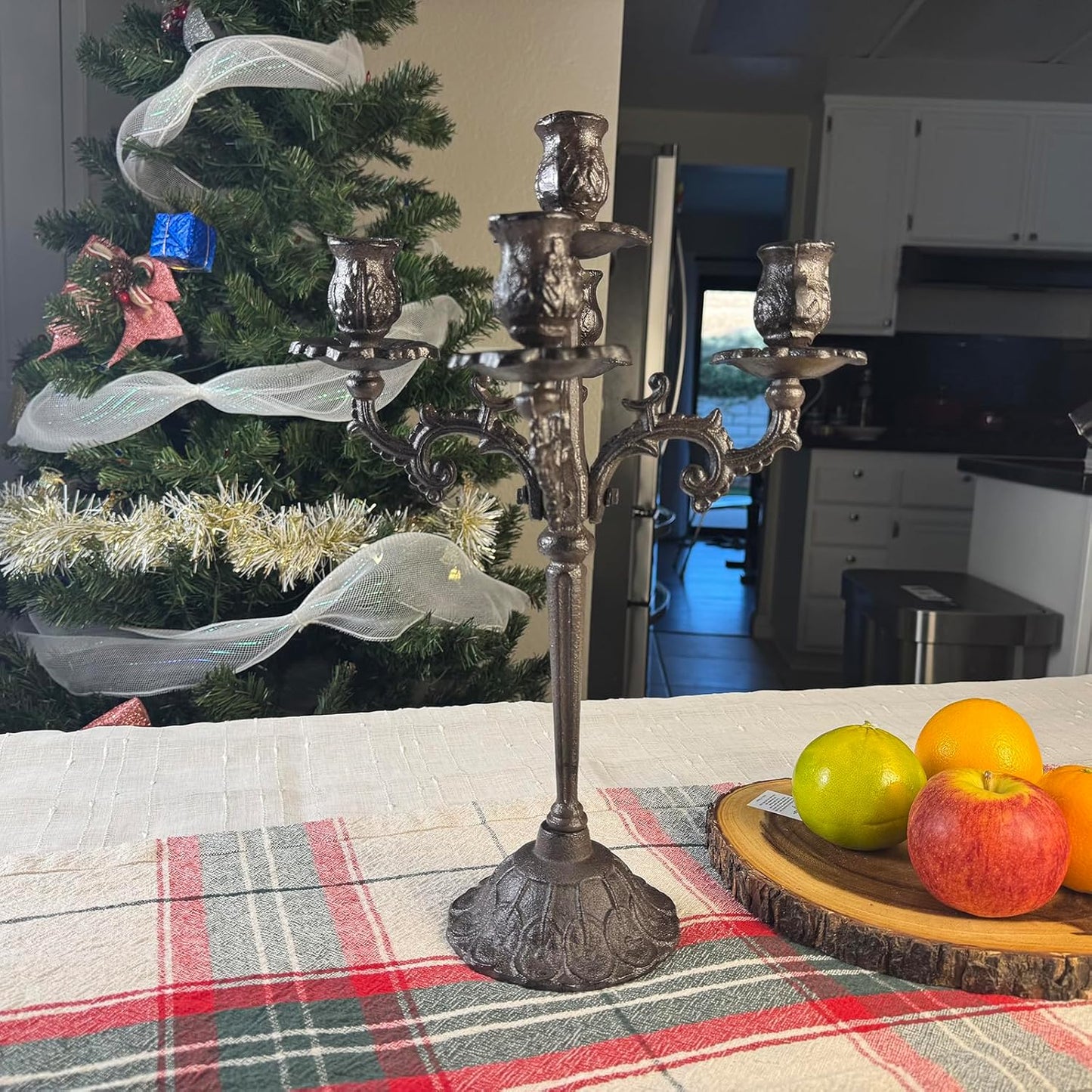 Antique Rust Brown Cast Iron Candelabra - 5-Arm Vintage Floral Candle Holder | 17" Tall Rustic Centerpiece