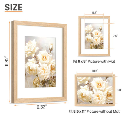 upsimples 8.5 by 11 Picture Frame, Natural Solid Wood Picture Frames, Display 6x8 with Mat or 8.5 x 11 Without, Wall or Tabletop, 1 Pack, Natural