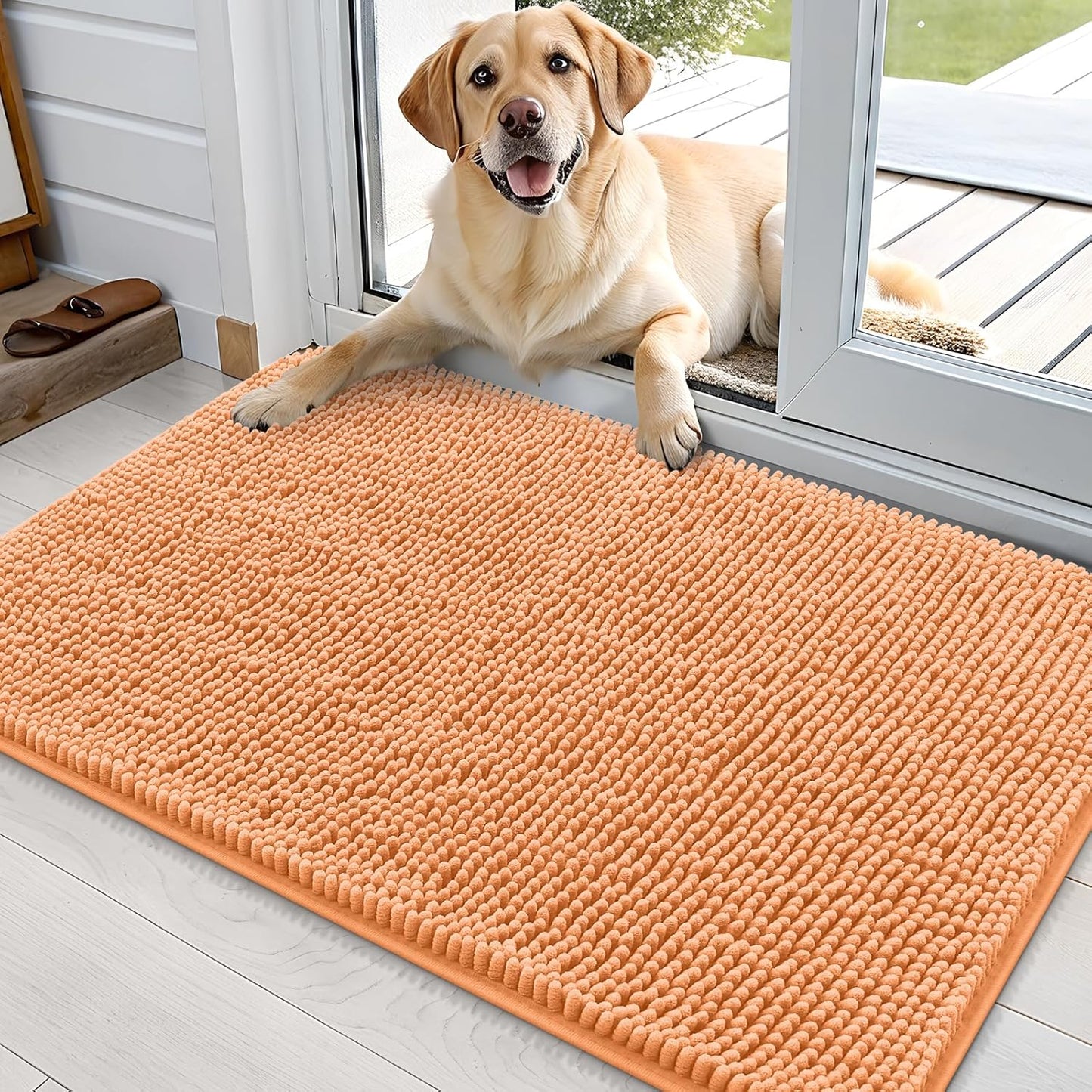 OLANLY Dog Door Mat - Absorbent Non-Slip Chenille Mat for Muddy Paws | 36x24 Inches, Quick Dry, Orange