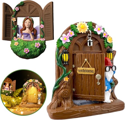 Exasinine Fairy Door and Windows Set - Gnome Statue Garden Sculpture | Outdoor Lawn Decor