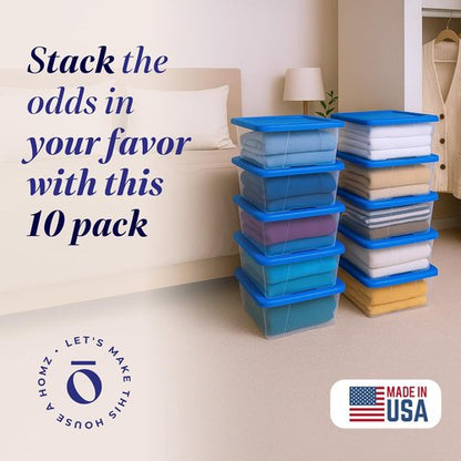 HOMZ 10-Pack Snaplock Storage Organizer Bins - Clear Plastic Containers with Lids, 6 Quart, Blue
