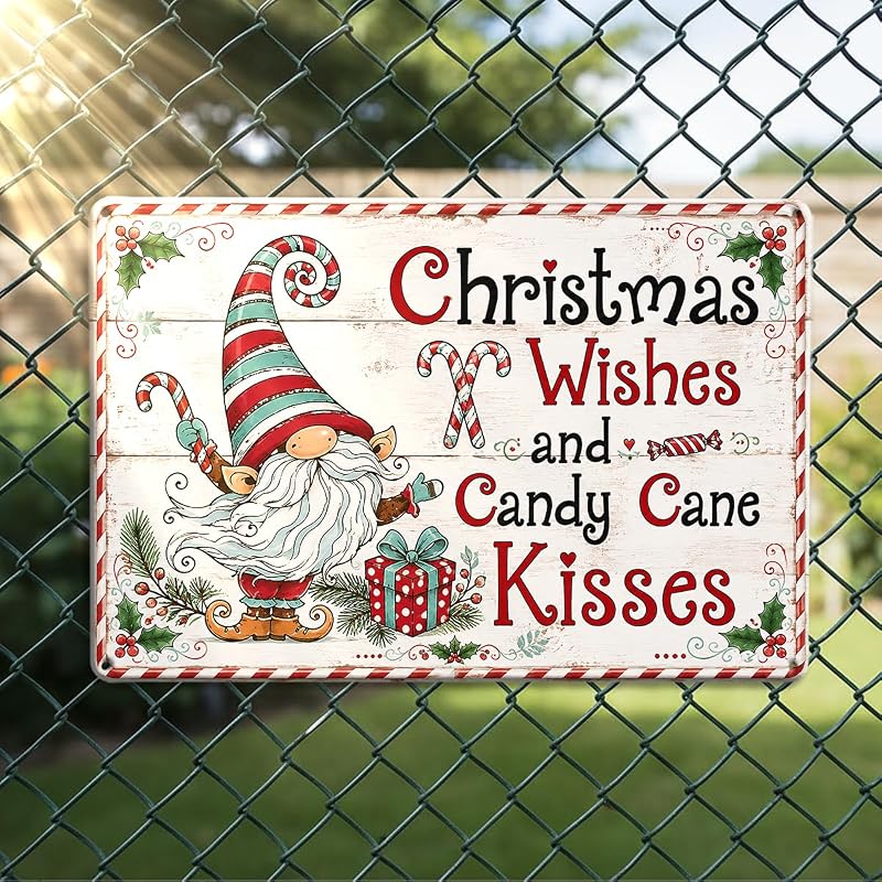 Wall Pediments 64 Christmas Gnome Aluminum Sign - Candy Cane Farmhouse Holiday Decor, Festive Gnome with Peppermint & Gift – Generic63
