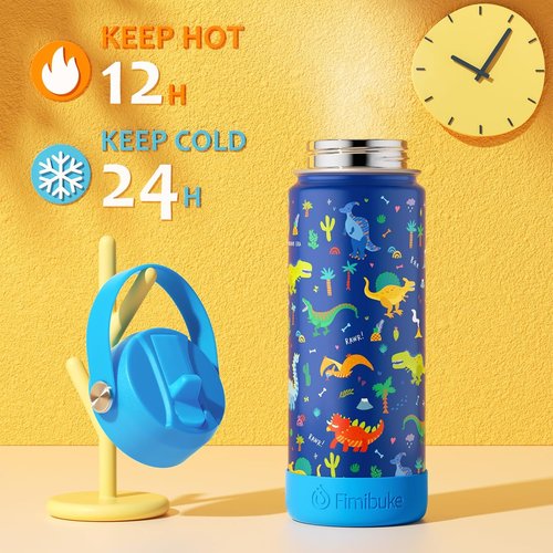 Fimibuke Kids Insulated Water Bottle - 18oz BPA-Free Stainless Steel Tumbler with Straw | Leak-Proof Design for School (Trucks)