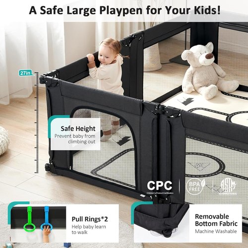 Doradotey Baby Playpen - Adjustable Large Playard for Infants & Toddlers | Foldable Mesh Design, Black 180x200x68cm