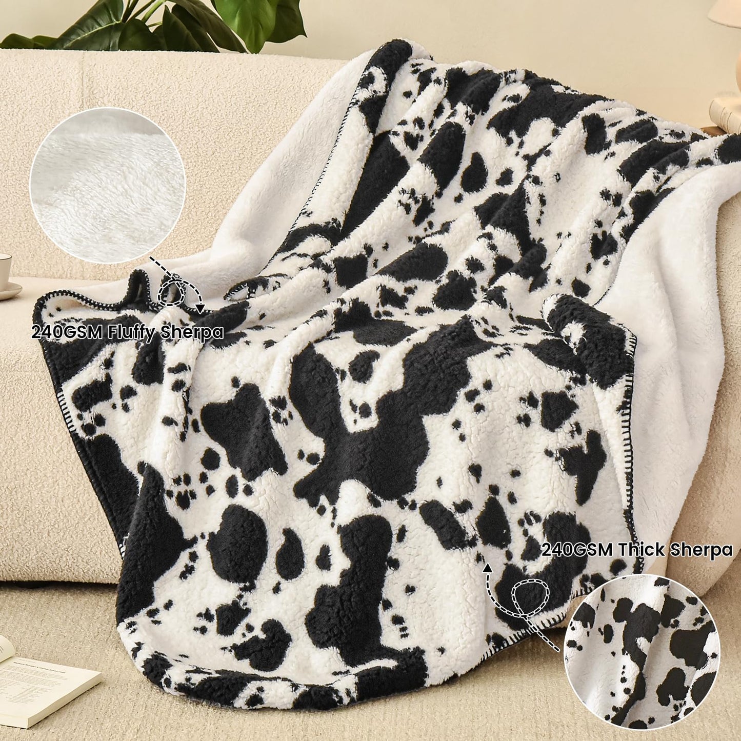 PHF Cute Cow Print Sherpa Throw Blanket for Girls Boys Teens Kids, Thick and Warm Reversible Blanket for Winter, Ultra Soft Fuzzy Animal Pattern Blanket for Bed Sofa Couch, 50x60, Black