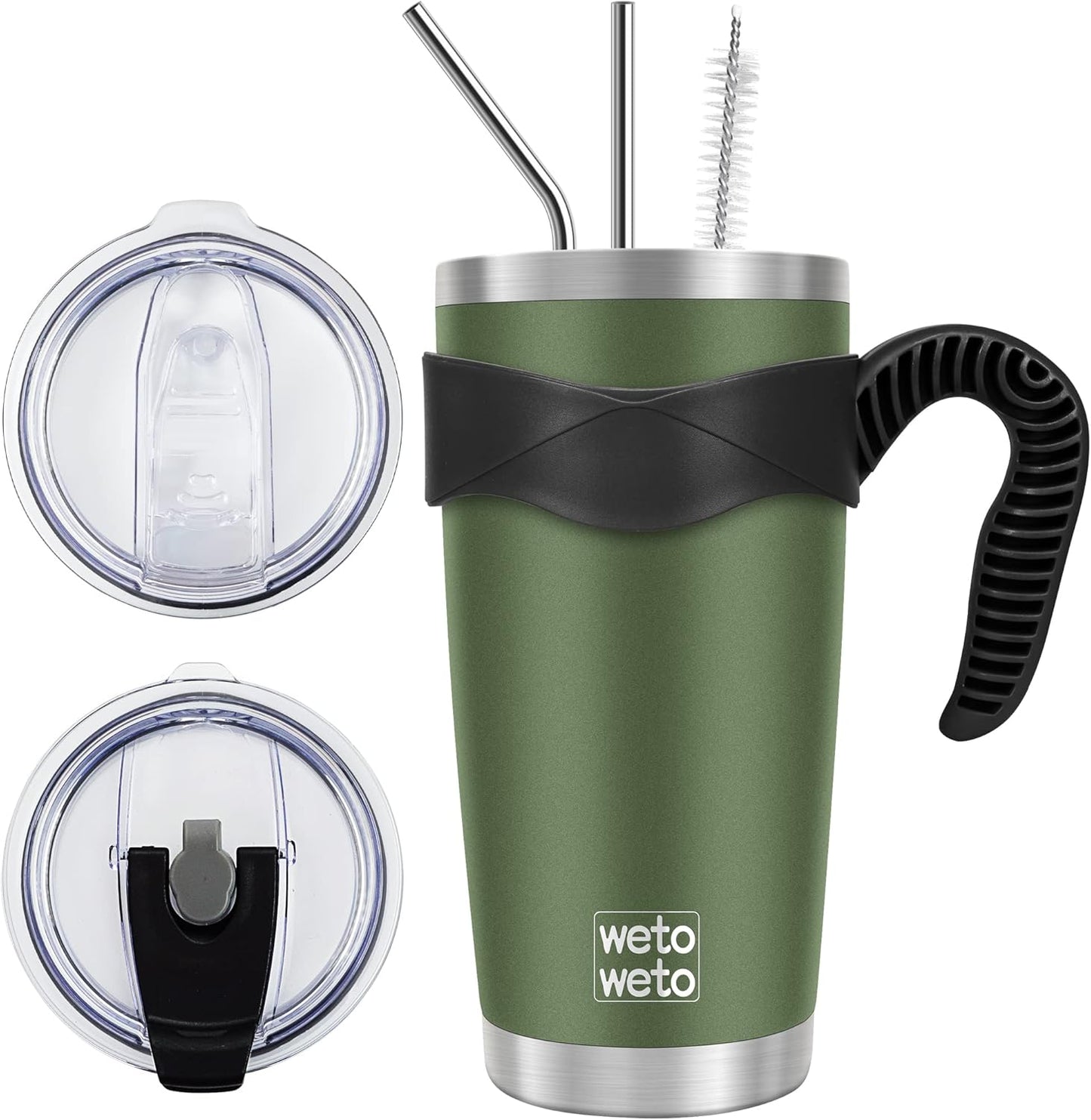 WETOWETO 20oz Insulated Stainless Steel Tumbler - Double Wall Travel Mug with 2 Lids & Straws | Army Green