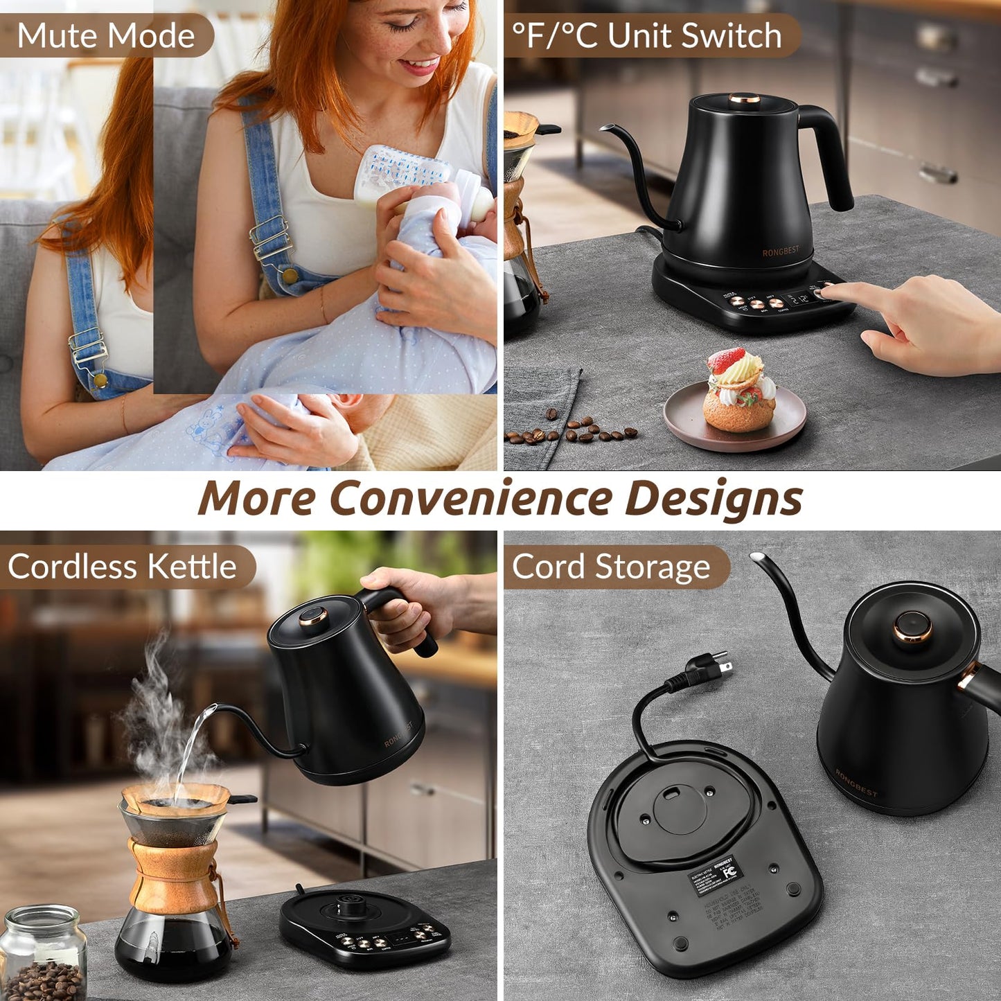 RONGBEST Electric Gooseneck Kettle, 1200W, 6 Temperature Settings, Stainless Steel Inner Lid & Bottom, 1L Quick Heating Pour Over Kettle for Coffee & Tea, Matte Black