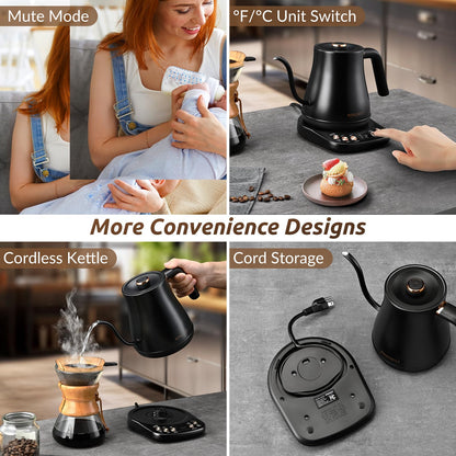 RONGBEST Electric Gooseneck Kettle, 1200W, 6 Temperature Settings, Stainless Steel Inner Lid & Bottom, 1L Quick Heating Pour Over Kettle for Coffee & Tea, Matte Black