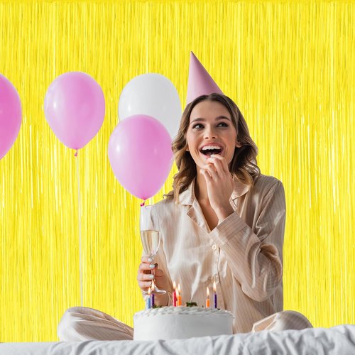 Backdrop Curtains by [Brand Name] - 2 Pack Metallic Foil Tinsel Fringe | Yellow 3.28 FT x 7.05 FT Party Decorations