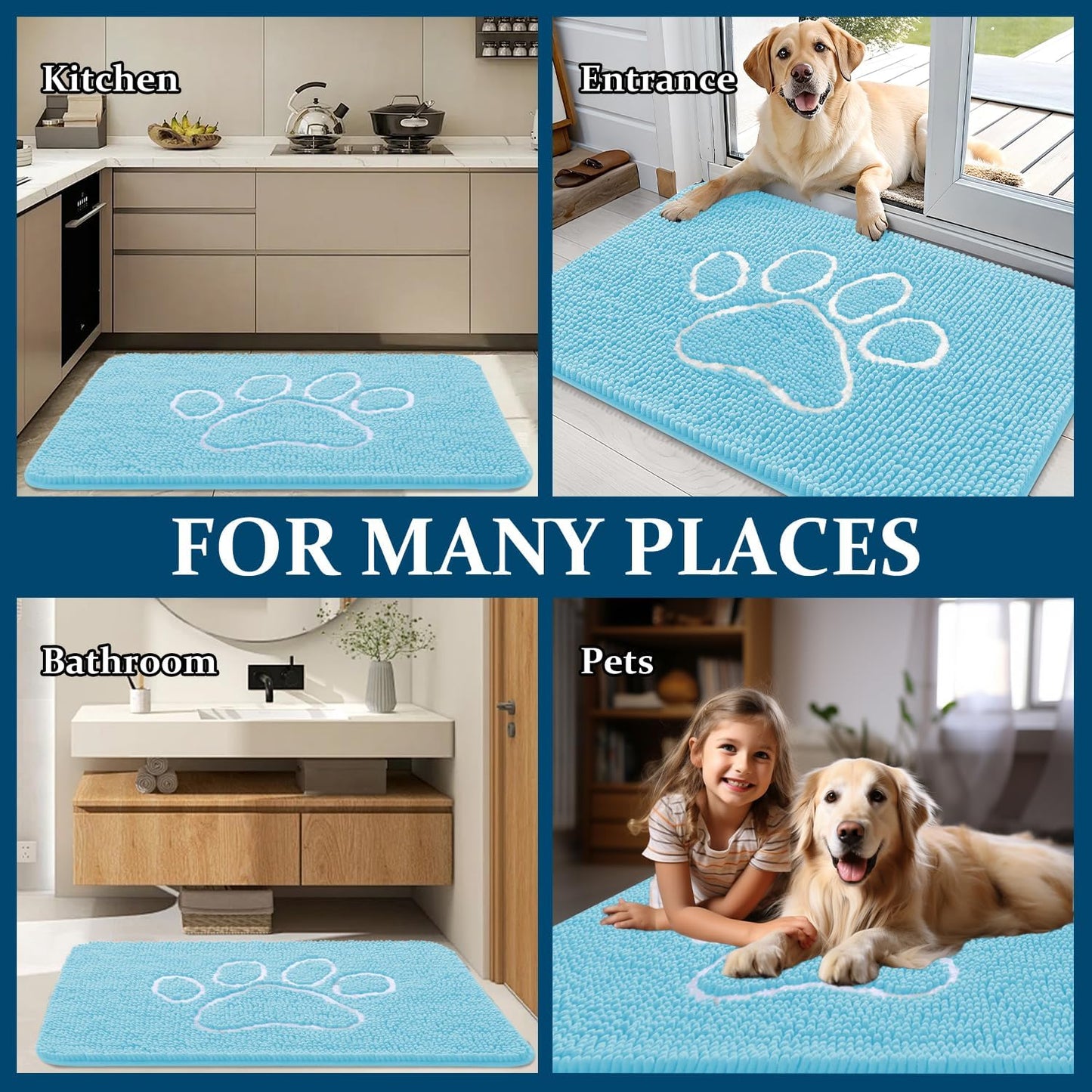 OLANLY Dog Door Mat - Absorbent Non-Slip Mud Mat for Muddy Paws | 24x16 Paw Print Design, Quick Dry Blue