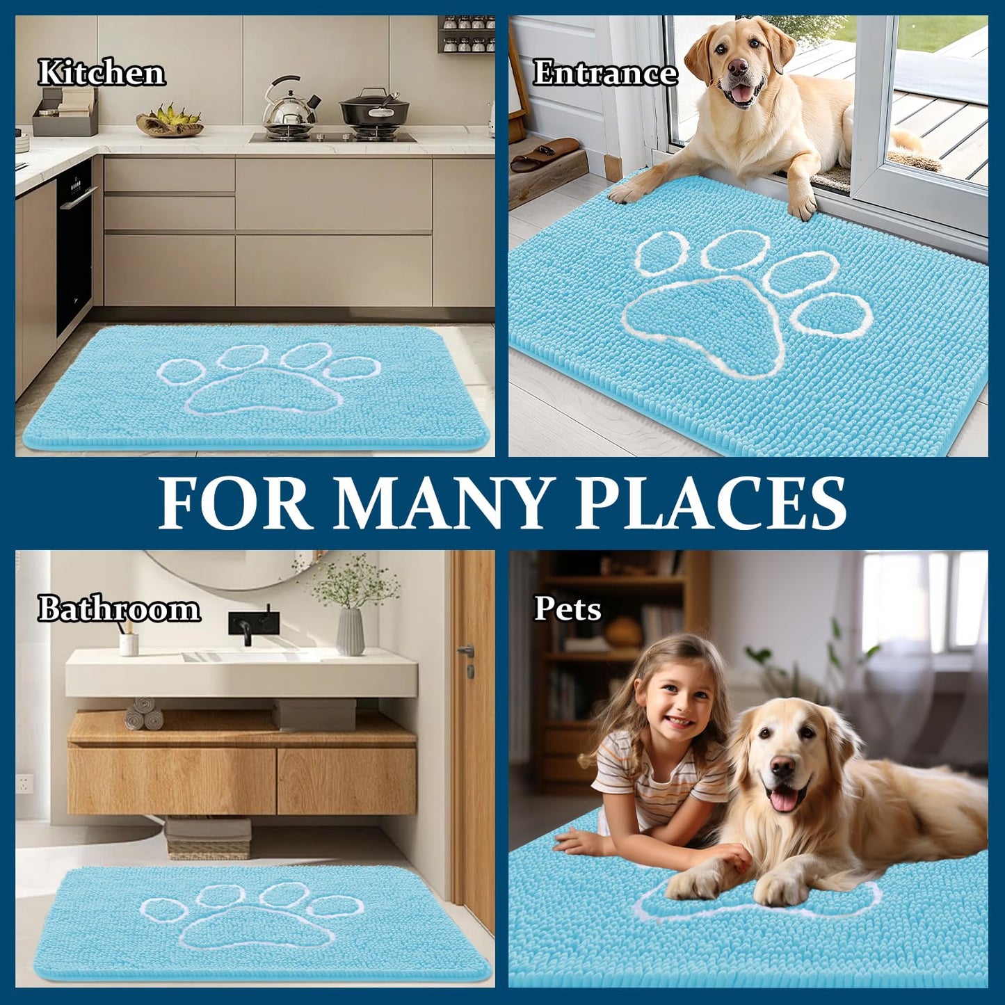 OLANLY Dog Door Mat for Muddy Paws 40x32, Paw Print Design, Absorbs Moisture and Dirt, Absorbent Non-Slip Washable Doormat, Quick Dry Chenille Mud Mat for Dogs, Entry Indoor Entryway Carpet, Blue