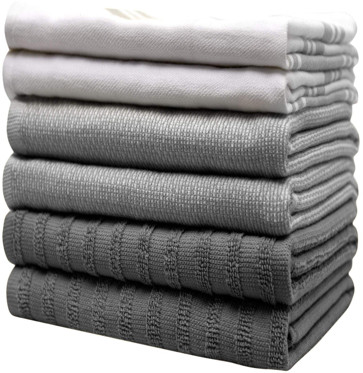 6 Pack 20x28" Absorbent Cotton Kitchen Towels with Hanging Loop - Grey Striped