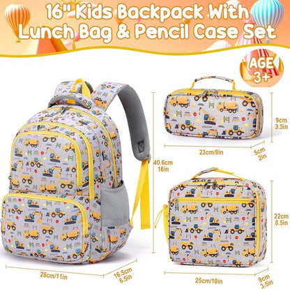 Fimibuke Kids Backpack Set - 3PCS Waterproof School Bag with Lunch Box & Pencil Case | Trucks, Ages 3-12