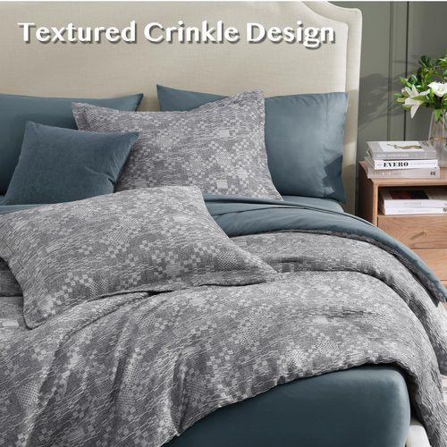 MaiRêve King Comforter Set Navy Blue, Crinkle Textured Design Bedding Set 7 Pieces Bed in A Bag, All Season Farmhouse Comforter Set with Sheets, Pillowcases & Shams