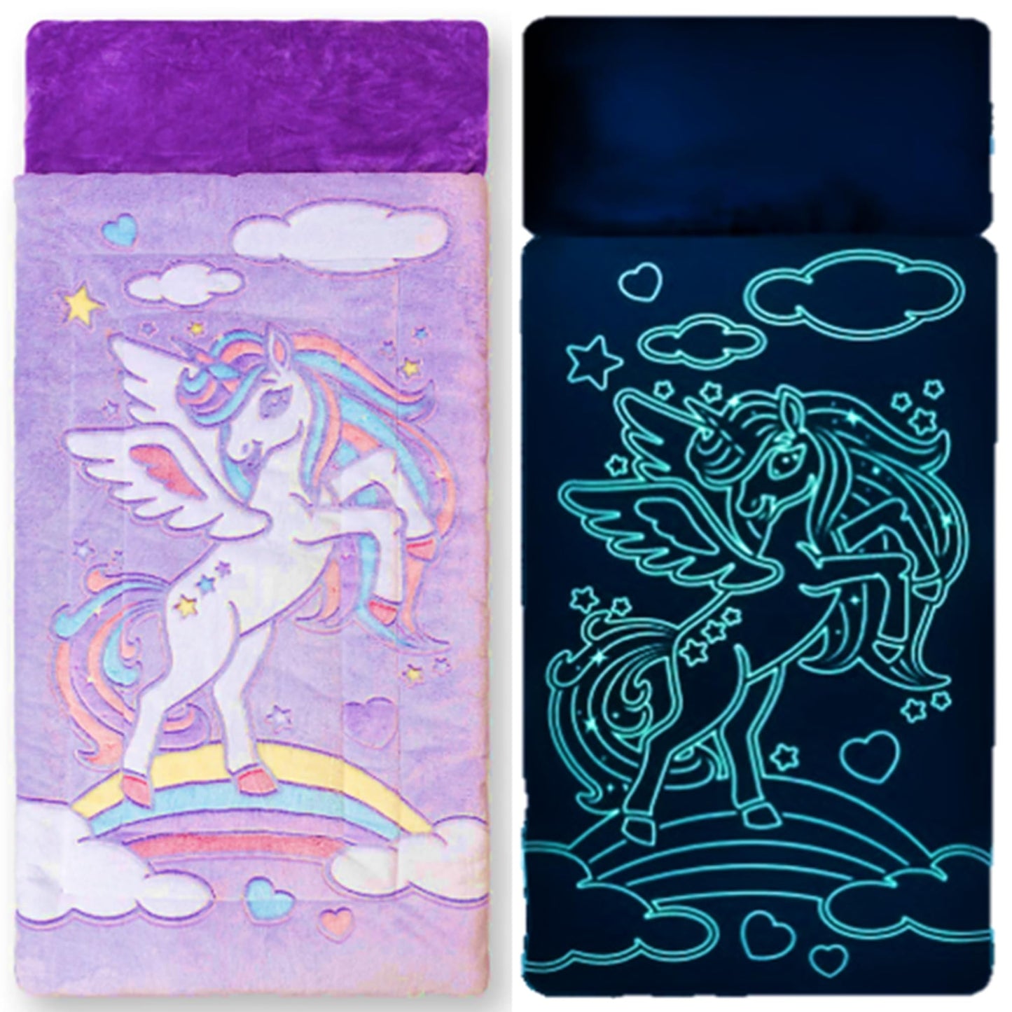 Unicorn Sleeping Bag for Kids – Glow in The Dark Kids Sleeping Bags Make Fun Unicorn Gifts for Girls. Perfect for Sleepovers, Camping, Plush Nap Mat for Preschool, with Pillow Pocket, 8+ Hour Glow