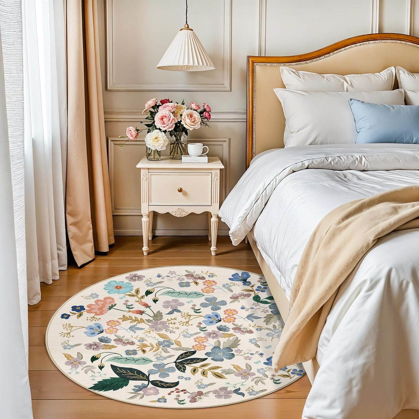 Skiennix Washable Floral Round Rug - Ultra Soft 4x4 Feet Non-Slip Area Carpet for Bedroom & Nursery | Cream