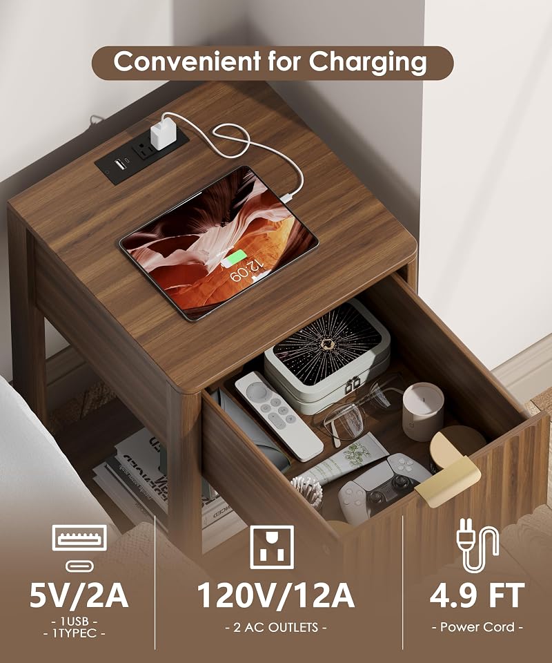 Nightstand Set 2 with Charging Station - Walnut Fluted Bedside Tables