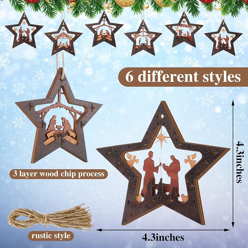 Spiareal 12 Pcs Christmas Nativity Ornaments - Dark Color Wood Set, 6 Styles