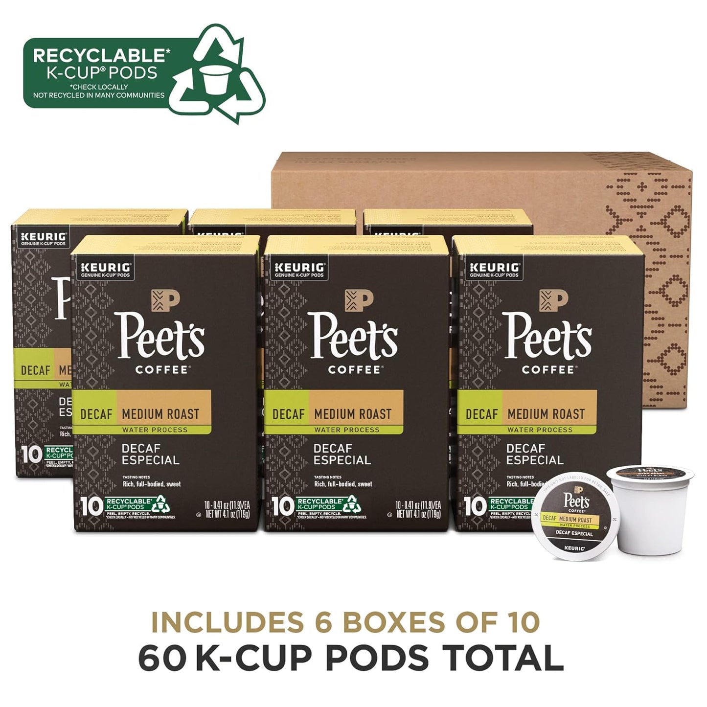 Peet's Coffee Medium Roast Decaf K-Cup Pods - Decaffeinated Arabica Coffee, 60 Count (6 Boxes of 10 Pods)