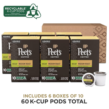 Peet's Coffee Medium Roast Decaf K-Cup Pods - Decaffeinated Arabica Coffee, 60 Count (6 Boxes of 10 Pods)
