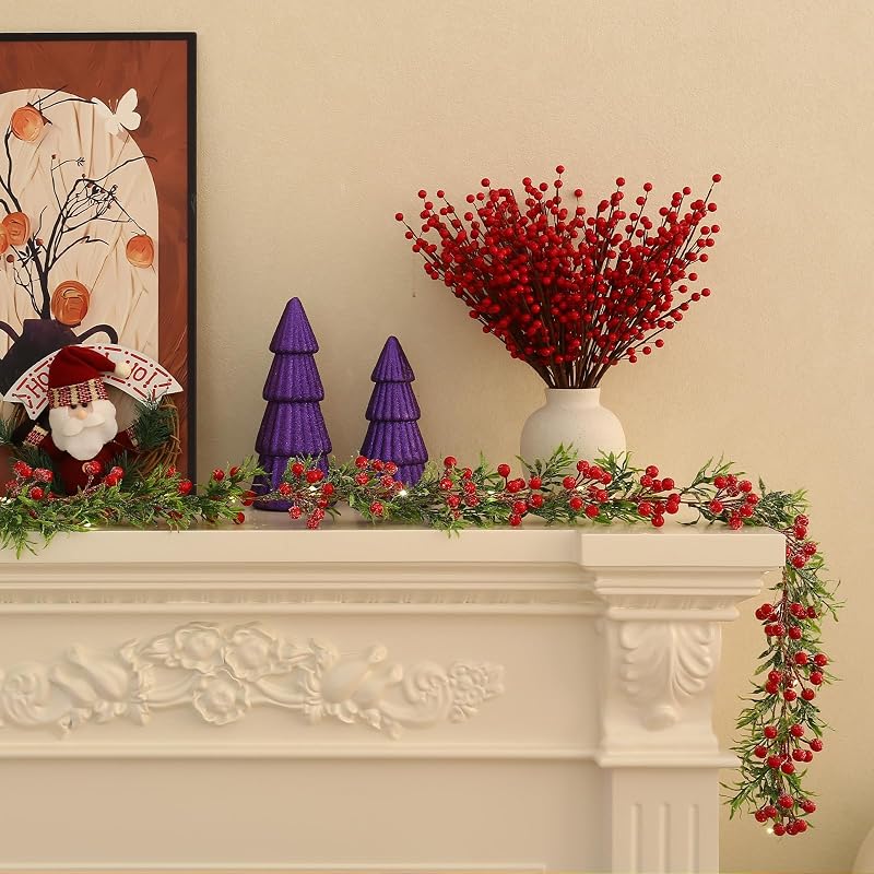 Breeze Touch 2 Pack Lighted Olive Garland with Red Berries - Battery Operated Snowy Christmas Decor