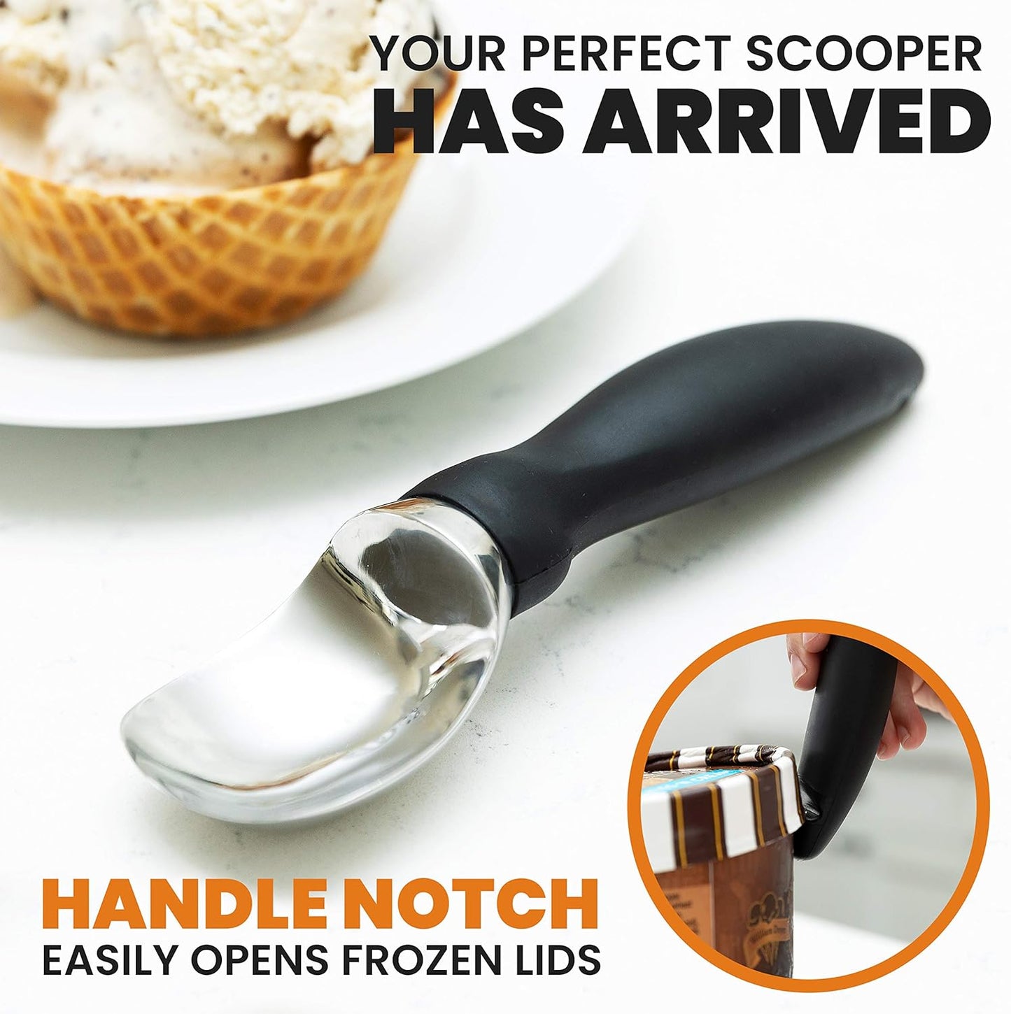 Spring Chef Stainless Steel Ice Cream Scoop - Heavy Duty Soft Grip Handle for Gelato & Sorbet - Dishwasher Safe - Black