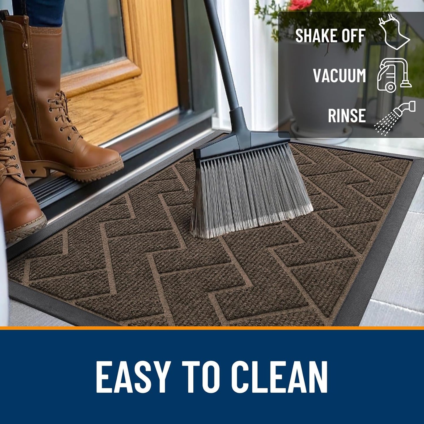 OLANLY Waterproof All-Season Front Door Mat - Sturdy Natural Rubber, Low Profile, Herringbone Brick (Brown, 59x23)