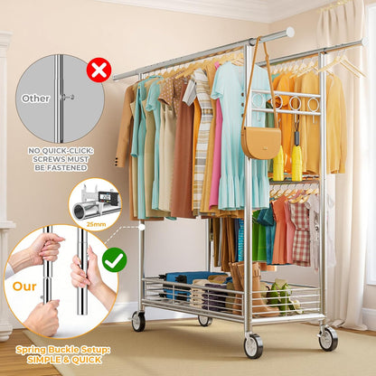 Skiennix Heavy Duty Clothes Rack - 960LBS Capacity, Portable & Adjustable with Sturdy Wheels | Silver