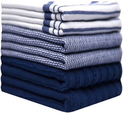 Premium Kitchen Towels 20”x 28”- 6 Pack | Large Cotton Kitchen Towels | Hand Towels for Kitchen | Flat & Terry Towel | Dish Towels | Highly Absorbent Tea Towel with Hanging Loop | Navy Blue Striped