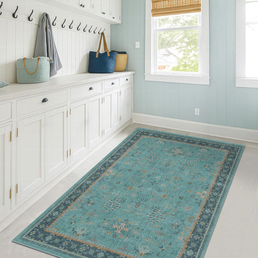 Skiennix Teal Area Rug - Washable Non-Skid Design for Entryway, Kitchen, Bathroom | Boho Geometric 3x4 ft