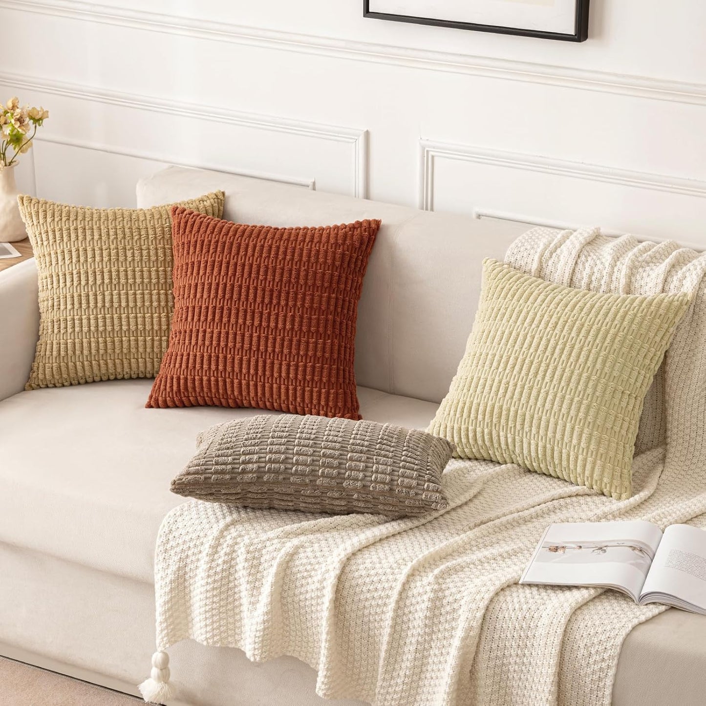 MIULEE Decorative Pillow Covers - Pack of 2 Soft Dark Rust Corduroy | 18x18 Inch Boho Striped Design for Modern Farmhouse Decor