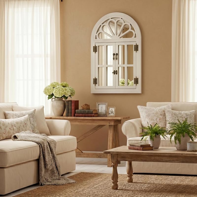 Arched Window Mirror with Petal Top - Farmhouse Wall Decor, 24" x 36" White