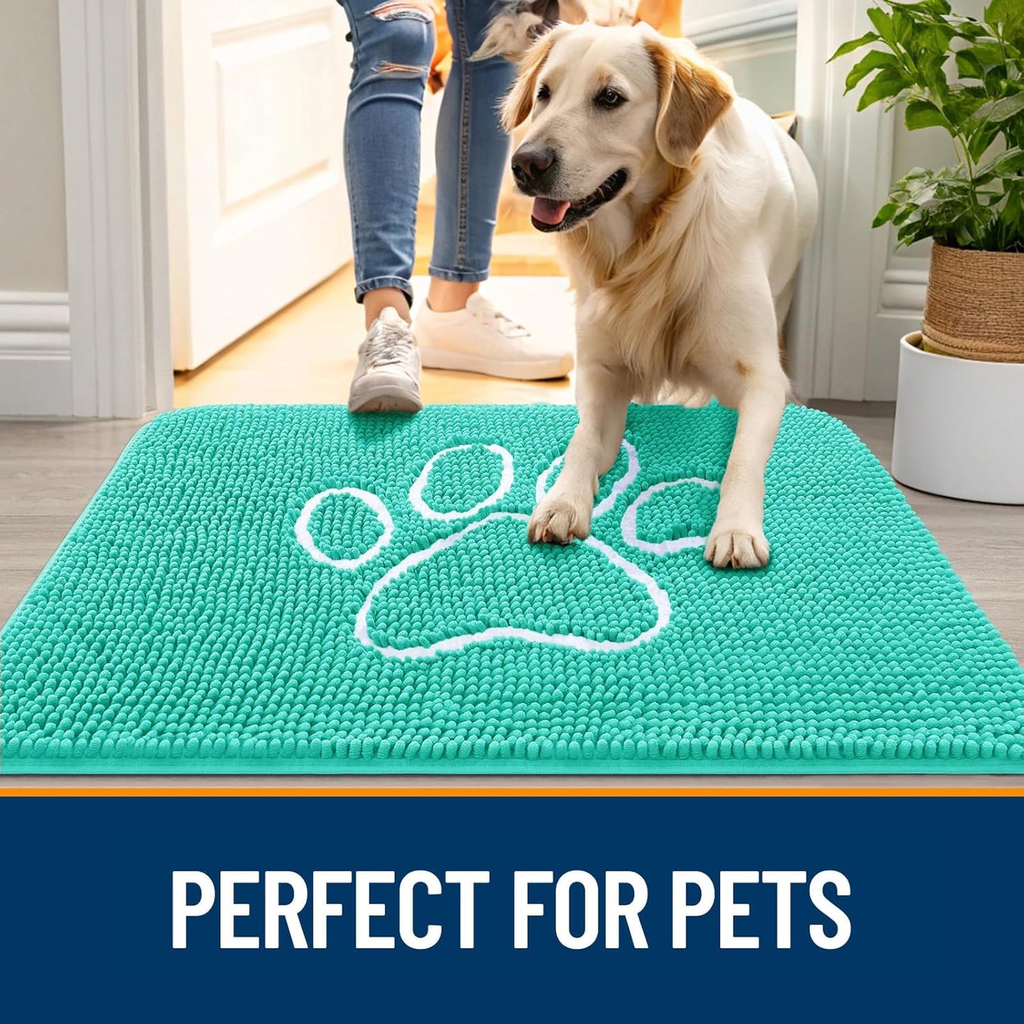 OLANLY Dog Door Mat - Absorbent Non-Slip Mud Mat for Muddy Paws | 59x35 Teal Paw Print Design