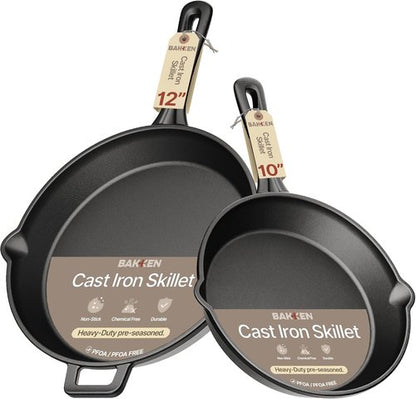 Bakken Cast Iron Skillet Set - 10" & 12" Pre-Seasoned Frying Pans with Easy-Grip Handles | Versatile for Stove, Oven & Grill