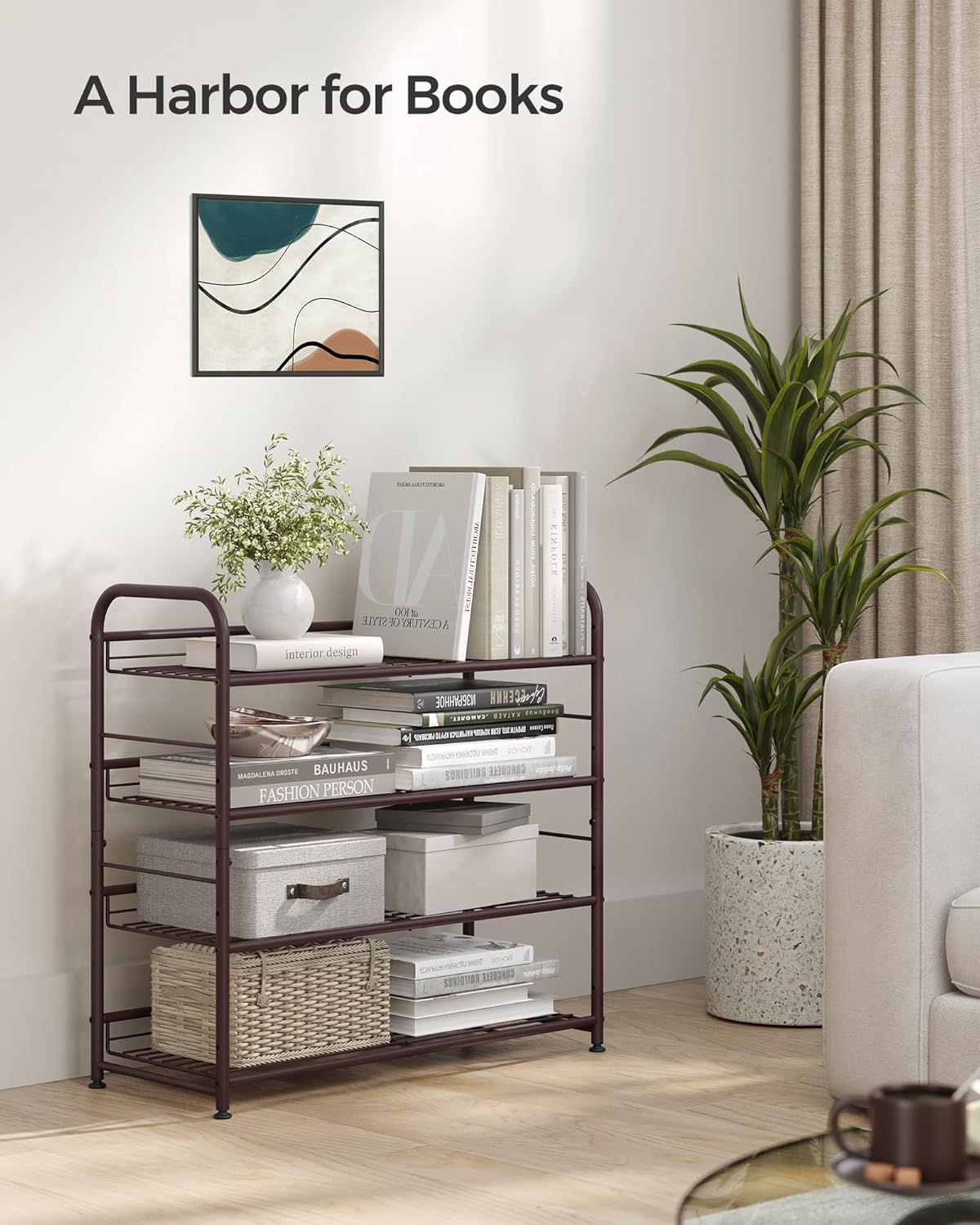 SONGMICS 4-Tier Metal Shoe Rack - Adjustable Slanted Shelves, Holds 16 Pairs, Bronze Finish for Small Spaces