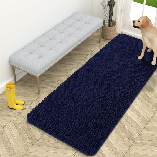 OLANLY Dog Door Mat - Absorbent Non-Slip Chenille Mat for Muddy Paws | 59x24 Inches, Navy Blue