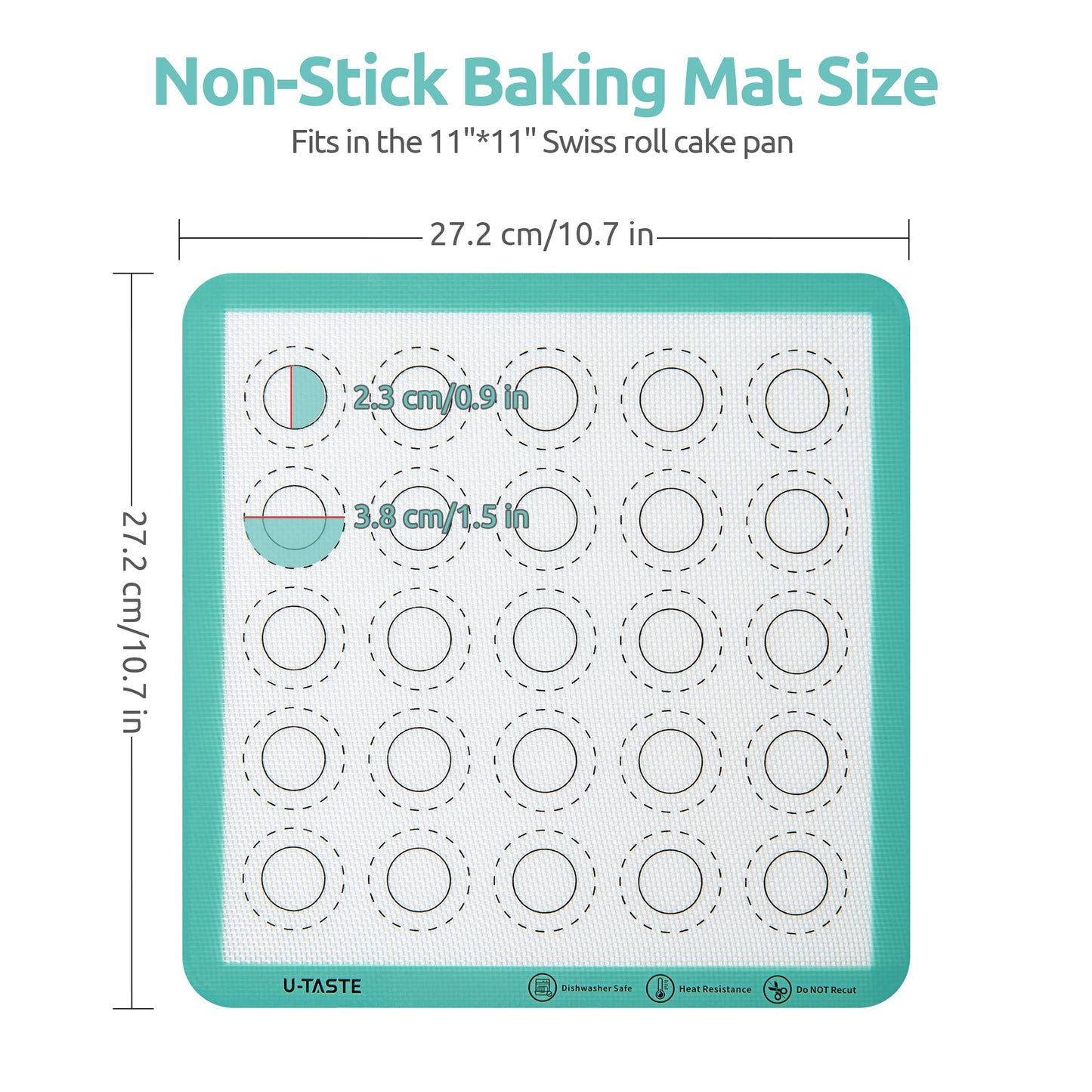 446ºF Heat Resistant Macaron Mat: U-Taste 11x11 Inch Non Stick Silicone Baking Mat, Reusable Cookies Pastry Sheet Liner with Edge Enhancement & Circle Measurement for Square Cake Pan (2 PCS, Aqua Sky)