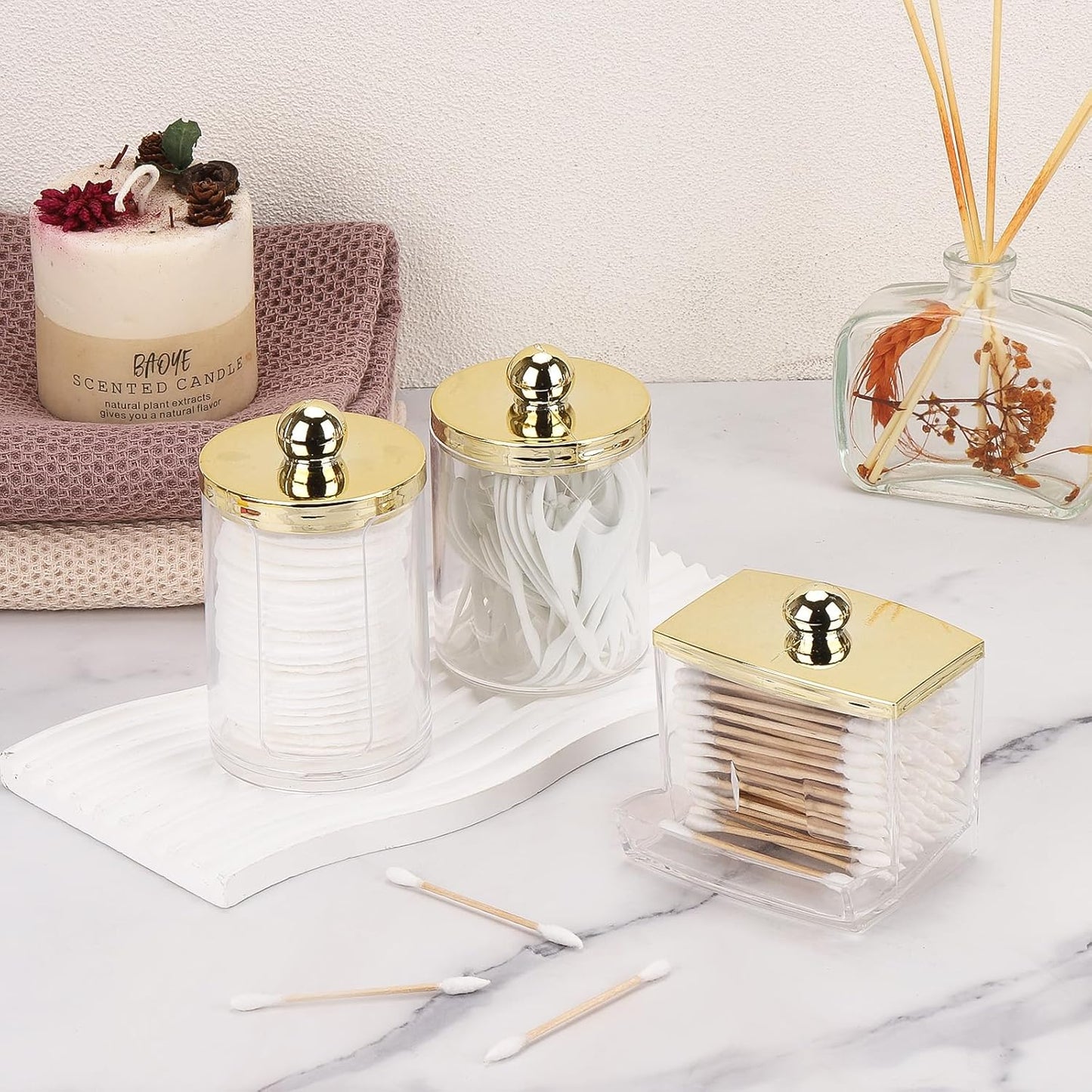 Tbestmax Qtip Dispenser - Elegant Bathroom Organizer with Gold Lids for Cotton Balls & Swabs | 3 Pack