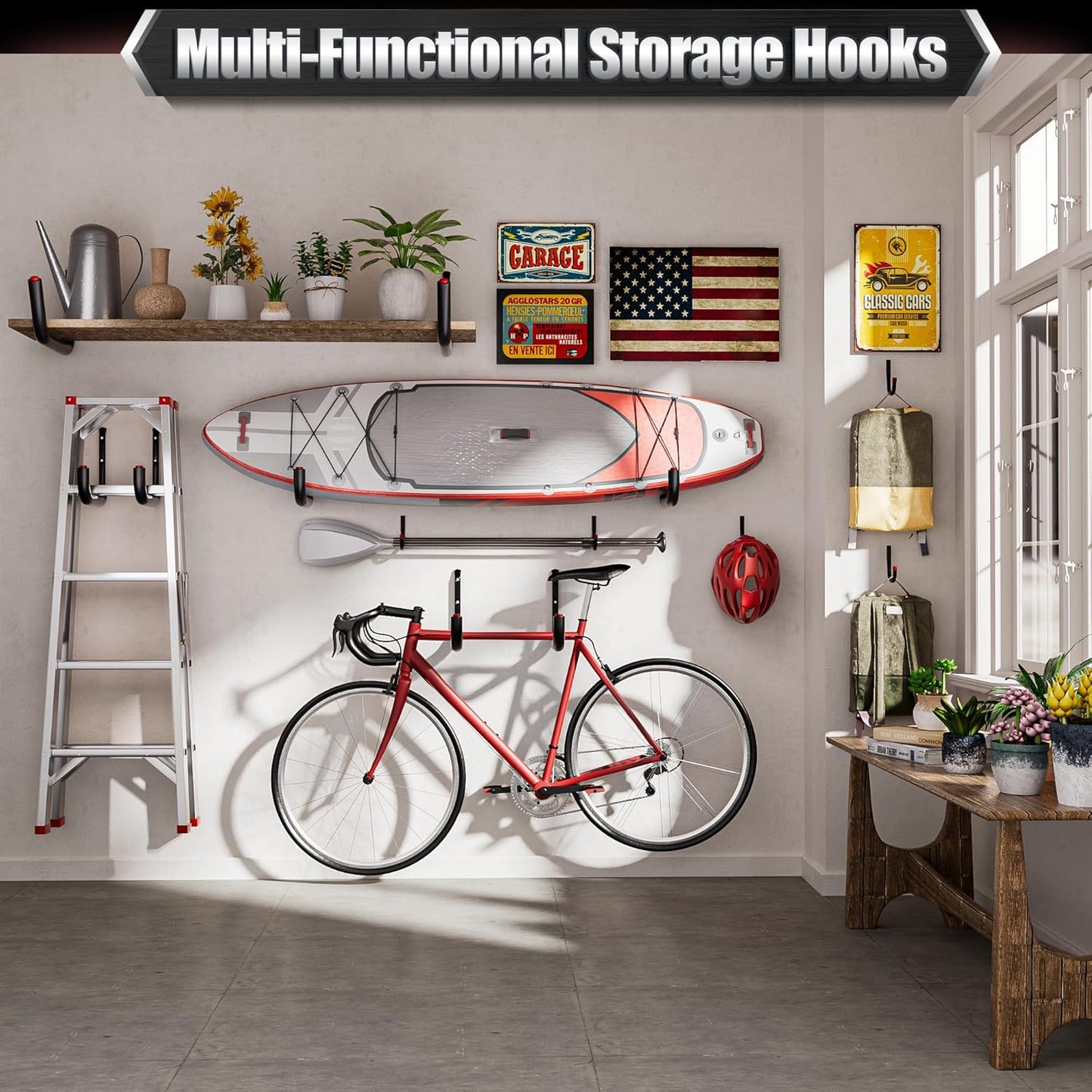 Nacial Heavy Duty Garage Hooks - 24 Pack 3.5" Wall Hooks with EVA Pads | 100LBS Capacity for Bikes, Kayaks, Ladders